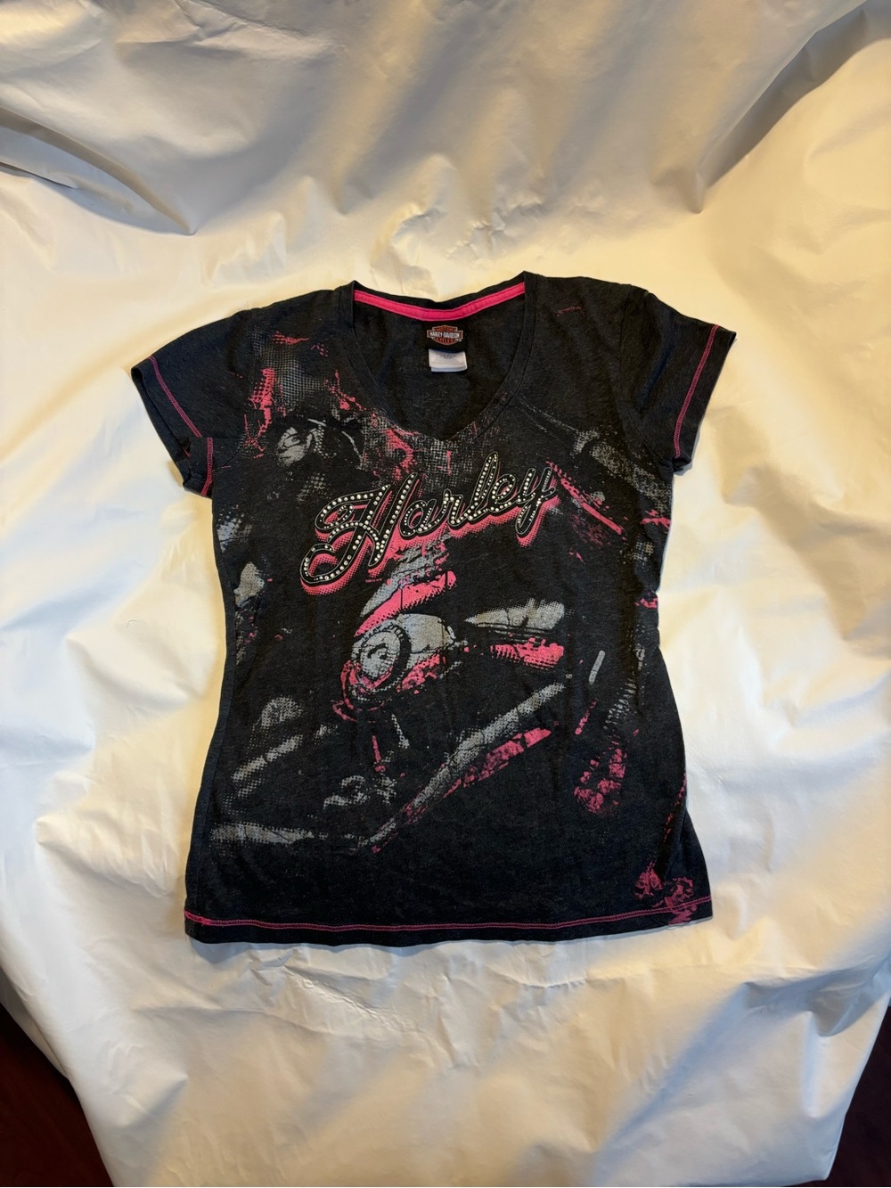 Harley-Davidson Black and Pink Ladies' V-Neck Graphic Tee